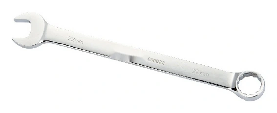 A complete combination wrench showing its open end, ring end and marked shank