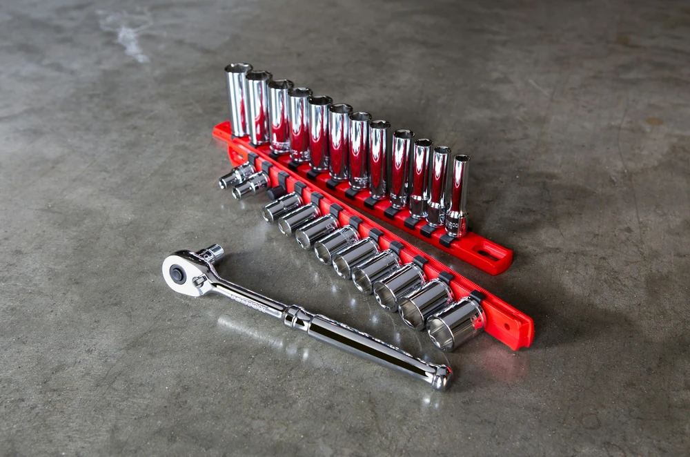 Chrome sockets, ratchet and extensions in a fitted assortment