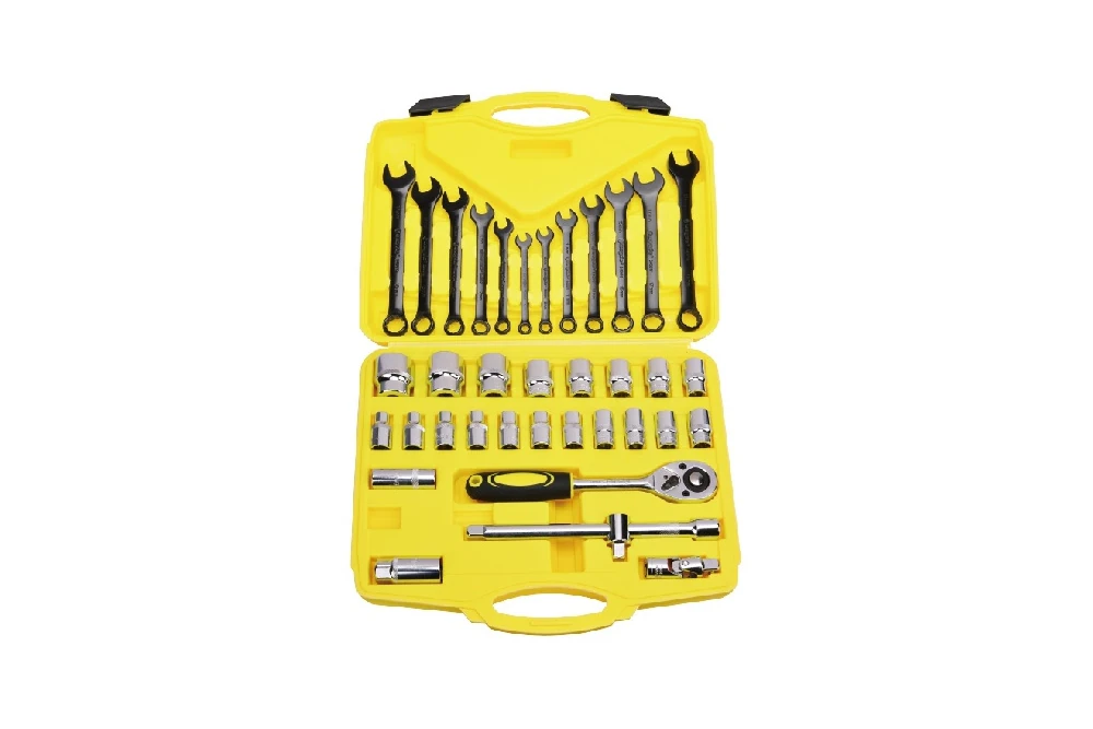 A real hand tool assortment arranged in an open yellow fitted carrying case