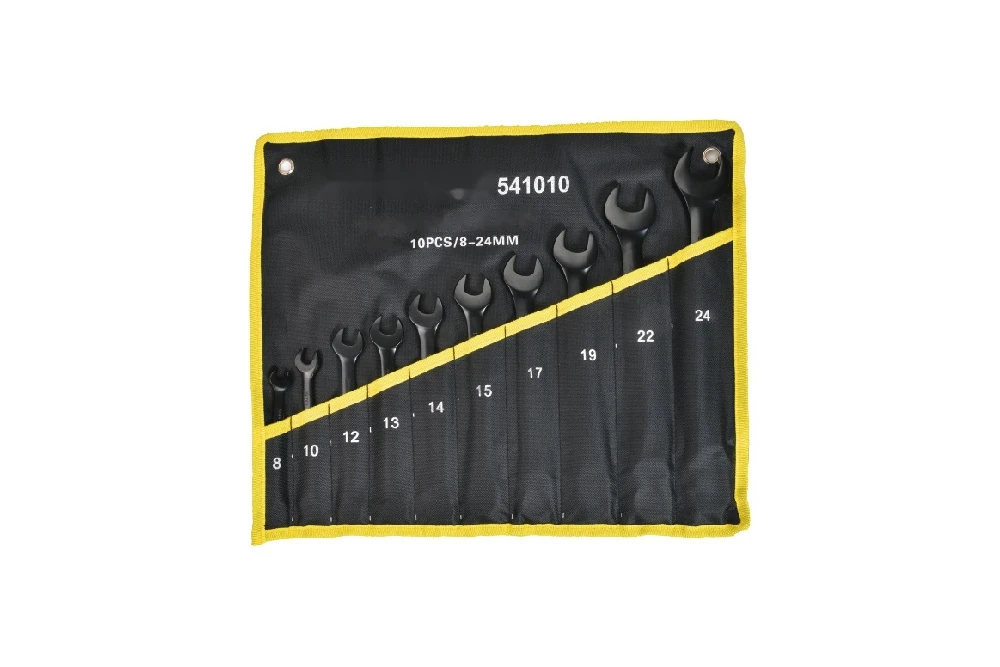 Real wrench assortment in a protective roll pouch