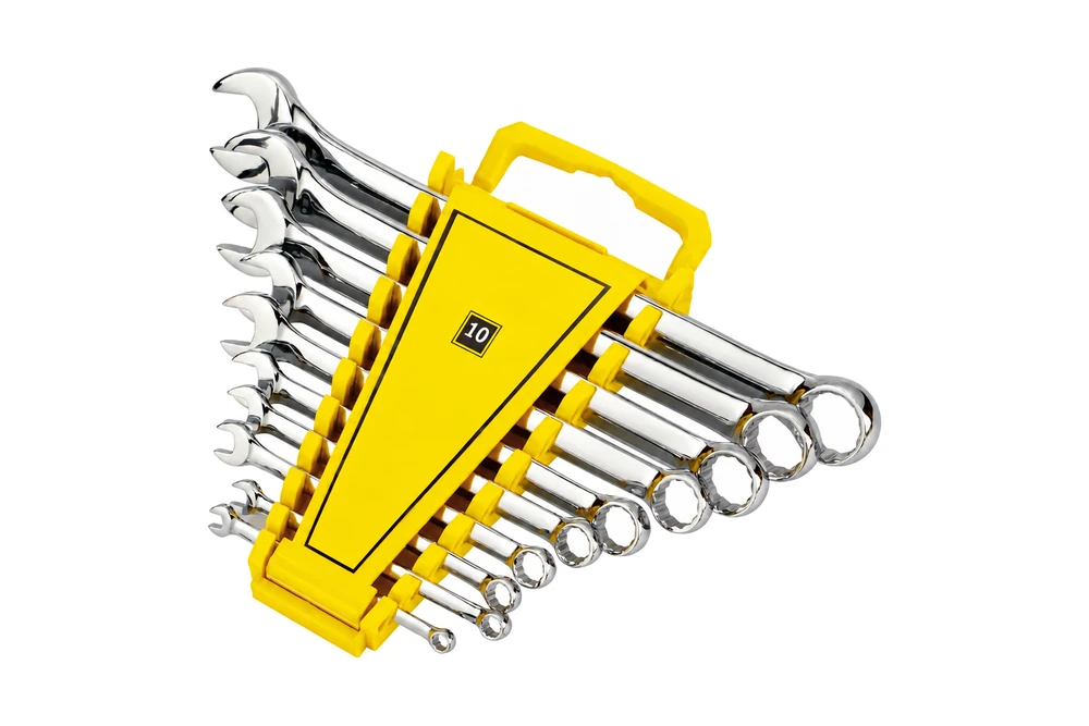 Complete combination wrench assortment on a holder